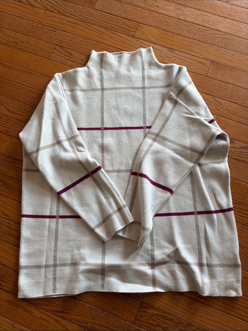 Tahari Cream Windowpane Sweater with Plum Accents